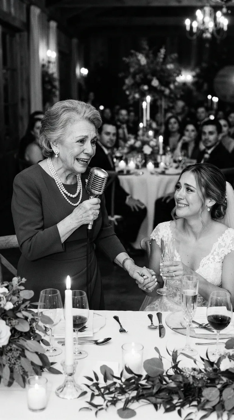Abuela hablando al micrófono durante la boda, en blanco y negro