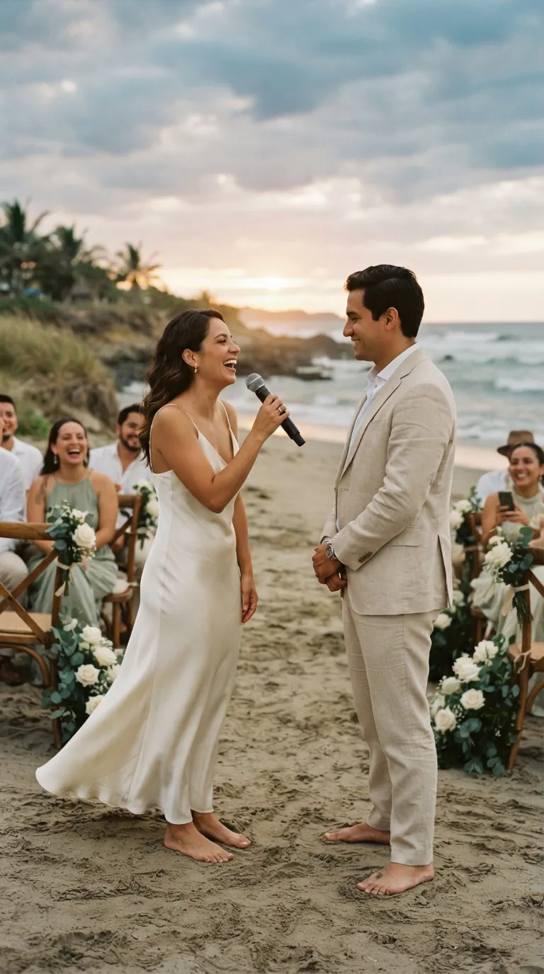 Novia hablando al micrófono en una boda en la playa de Olón