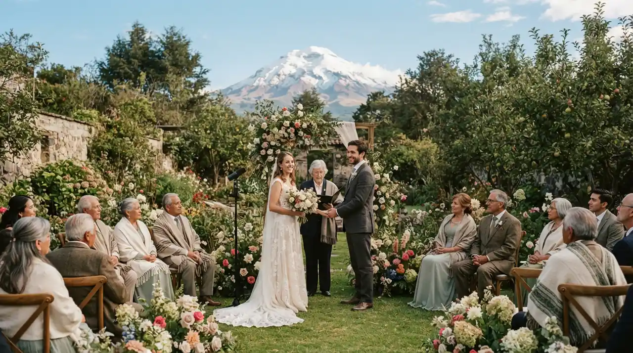 Ceremonia de boda en un jardín con un volcán nevado al fondo
