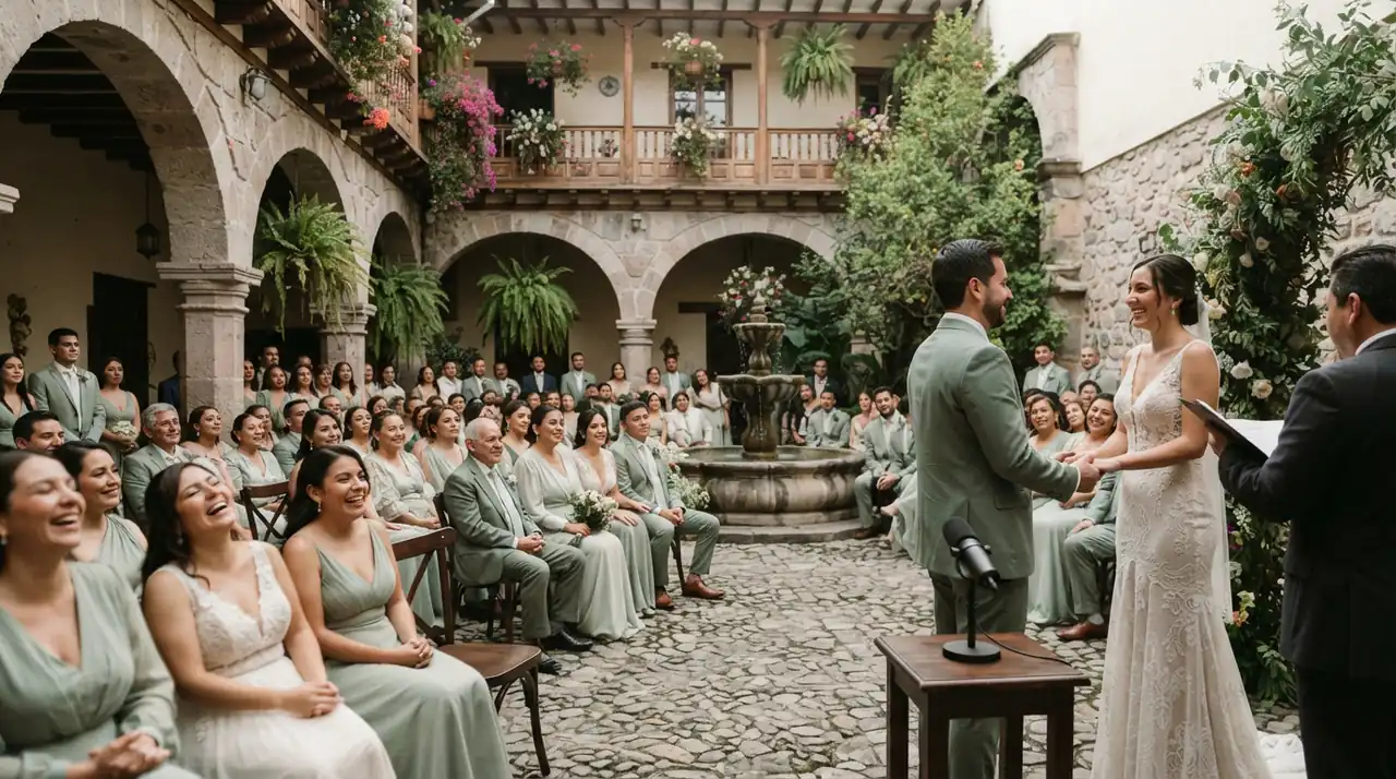 Ceremonia de boda en el patio colonial de una casona de Cuenca