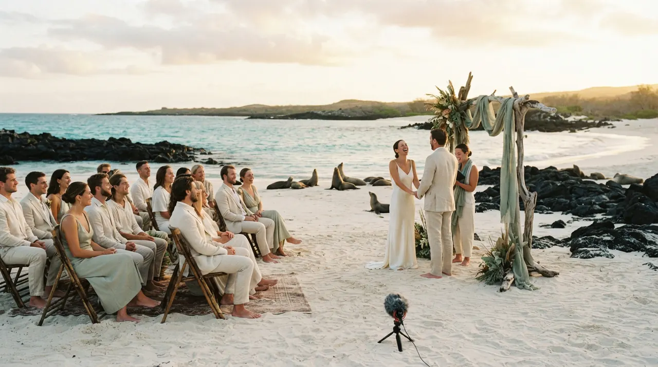 Ceremonia de boda en una playa de arena blanca en Galápagos