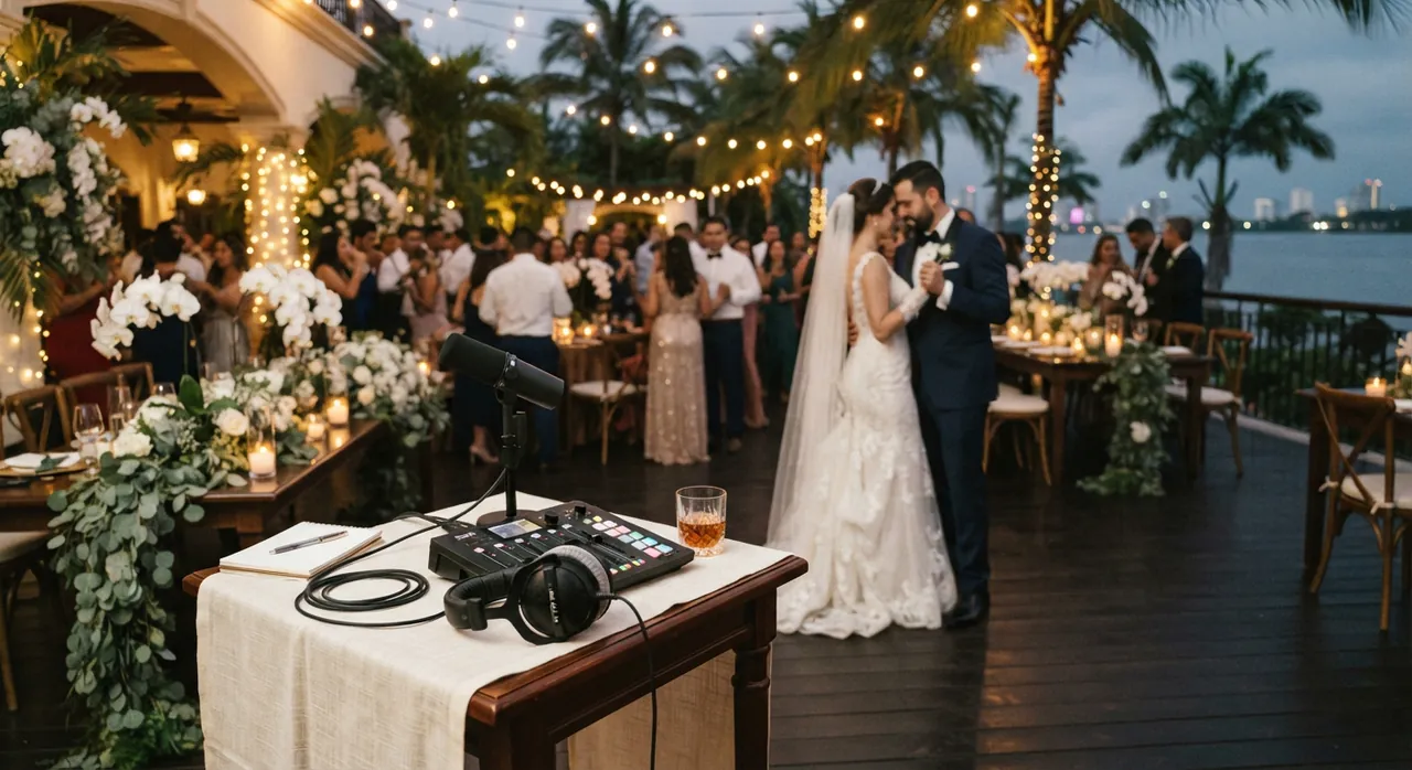 Novios en la recepción de su boda frente al agua en Guayaquil, con la mesa de grabación del podcast