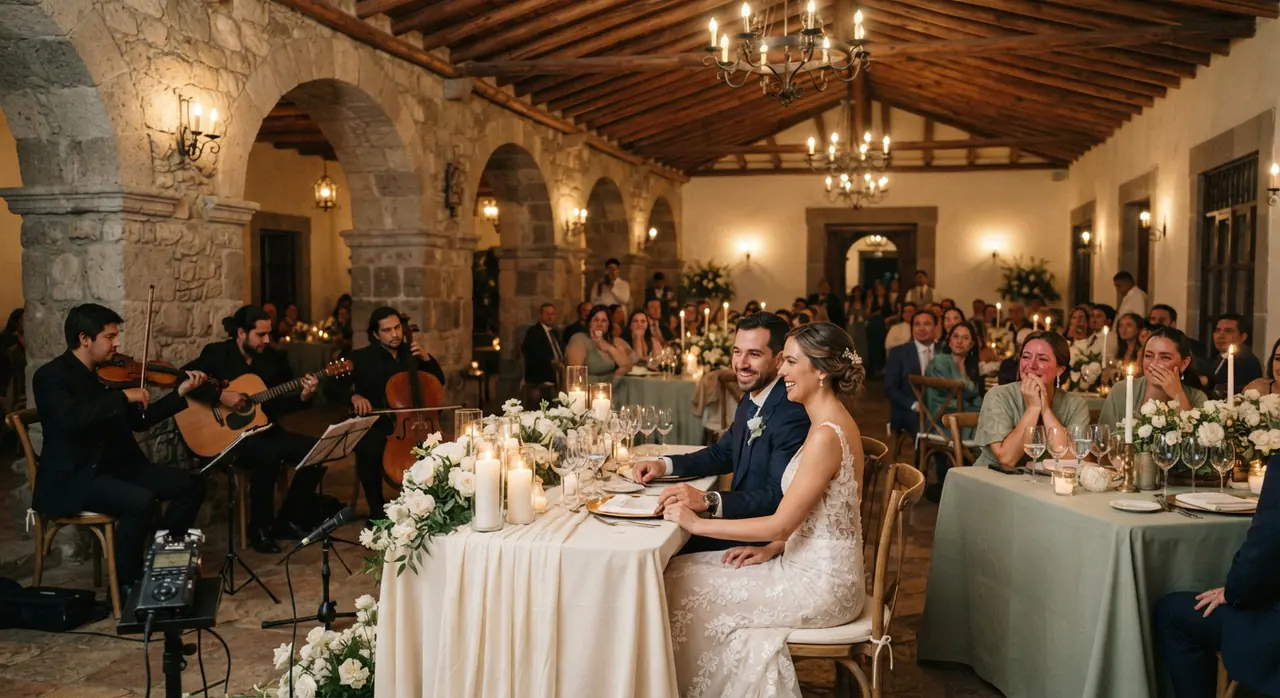 Músicos tocando en la recepción de una boda en un salón de Loja
