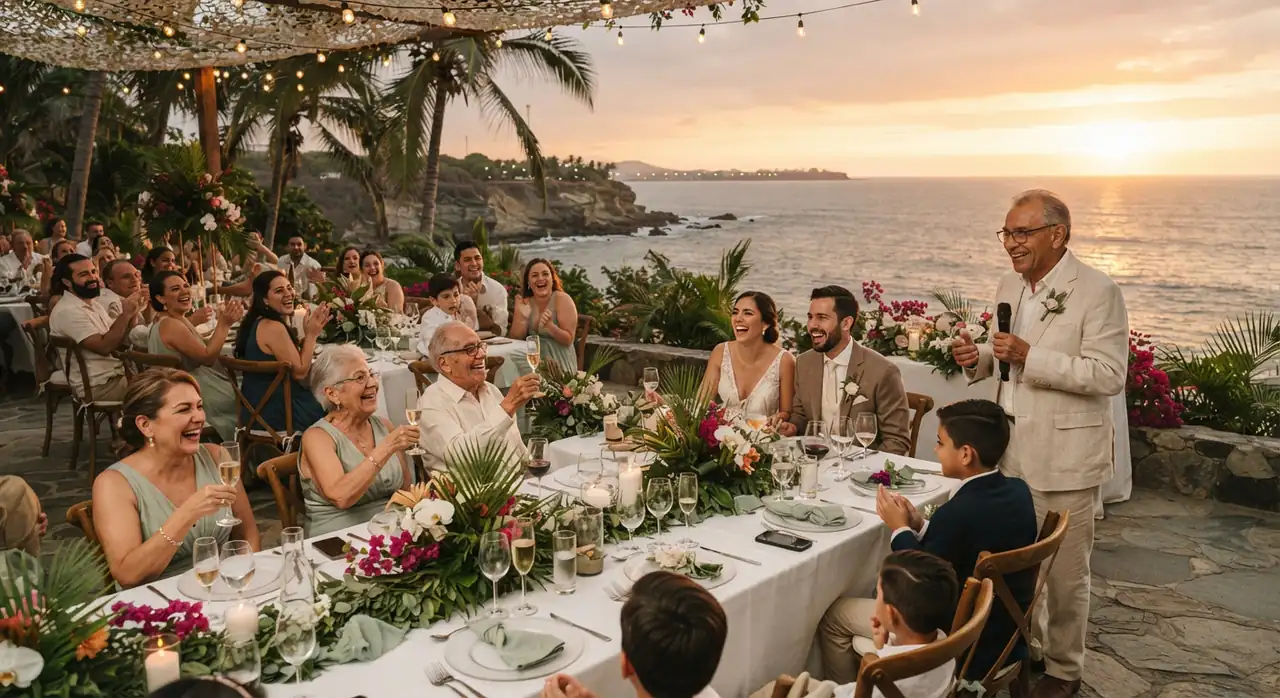 Brindis en una boda frente al mar en Manabí al atardecer