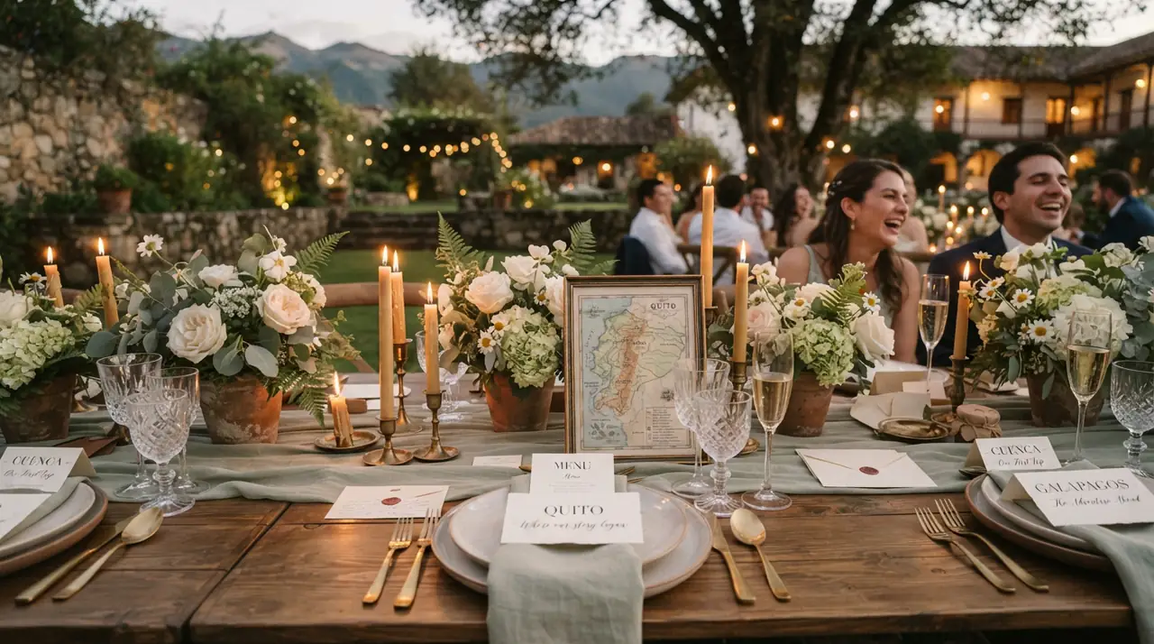 Boda personalizada en Ecuador: mesas con nombres de la historia de los novios
