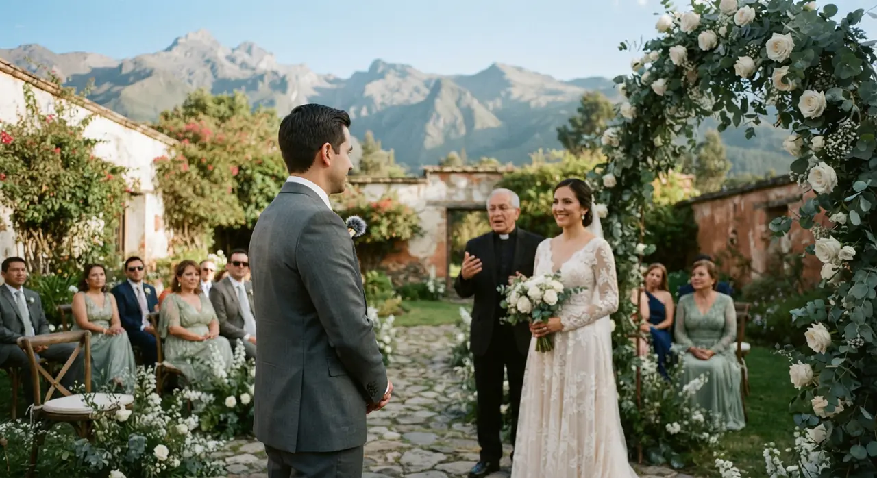 Ceremonia de boda en una hacienda de los valles de Quito, con las montañas al fondo