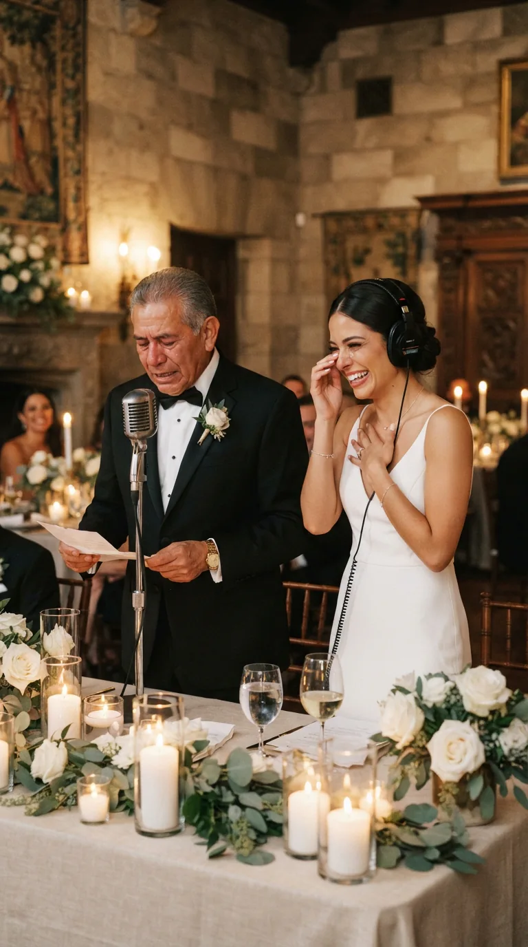 Padre de la novia dando un brindis frente a un micrófono durante la recepción