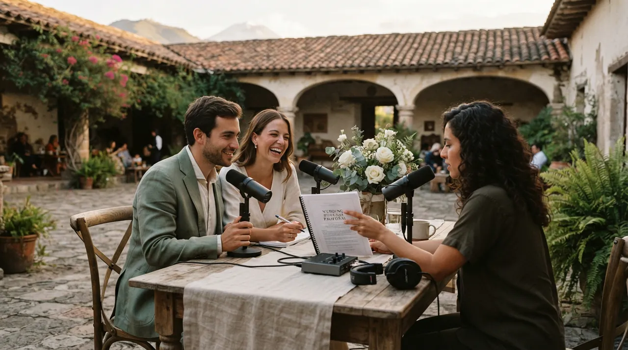 Novios grabando la entrevista del podcast de su boda en el patio de una hacienda