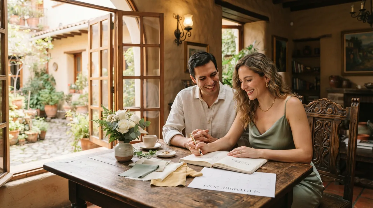 Novios revisando el cronograma de su boda en una libreta