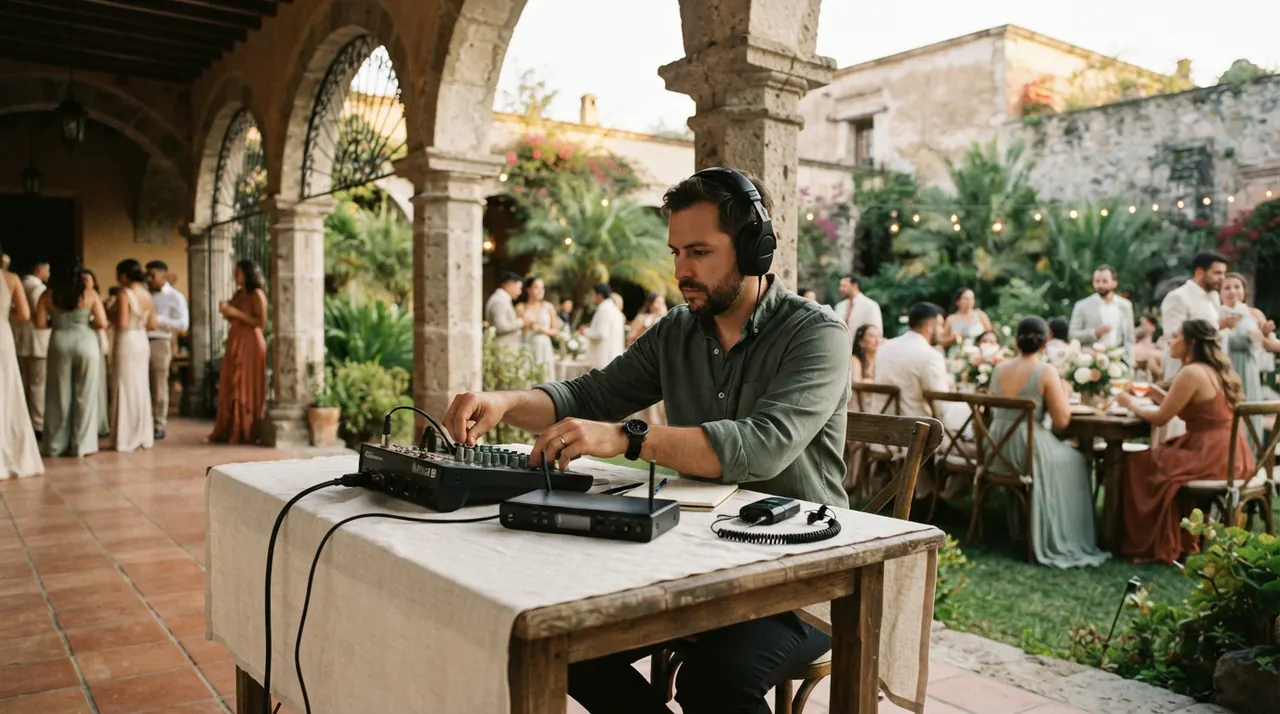Equipo grabando el podcast de una boda en una hacienda de los valles de Quito