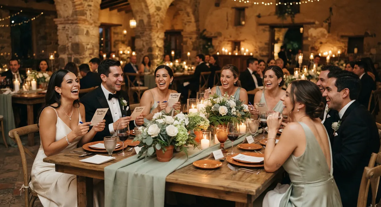 Invitados participando en una dinámica de mesa durante una boda