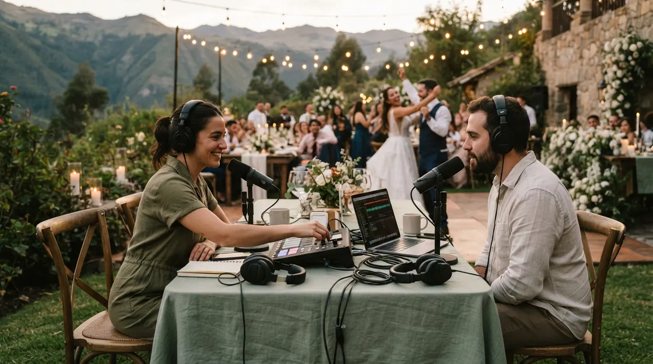 Productora grabando una entrevista con micrófonos y audífonos en la recepción de una boda al aire libre