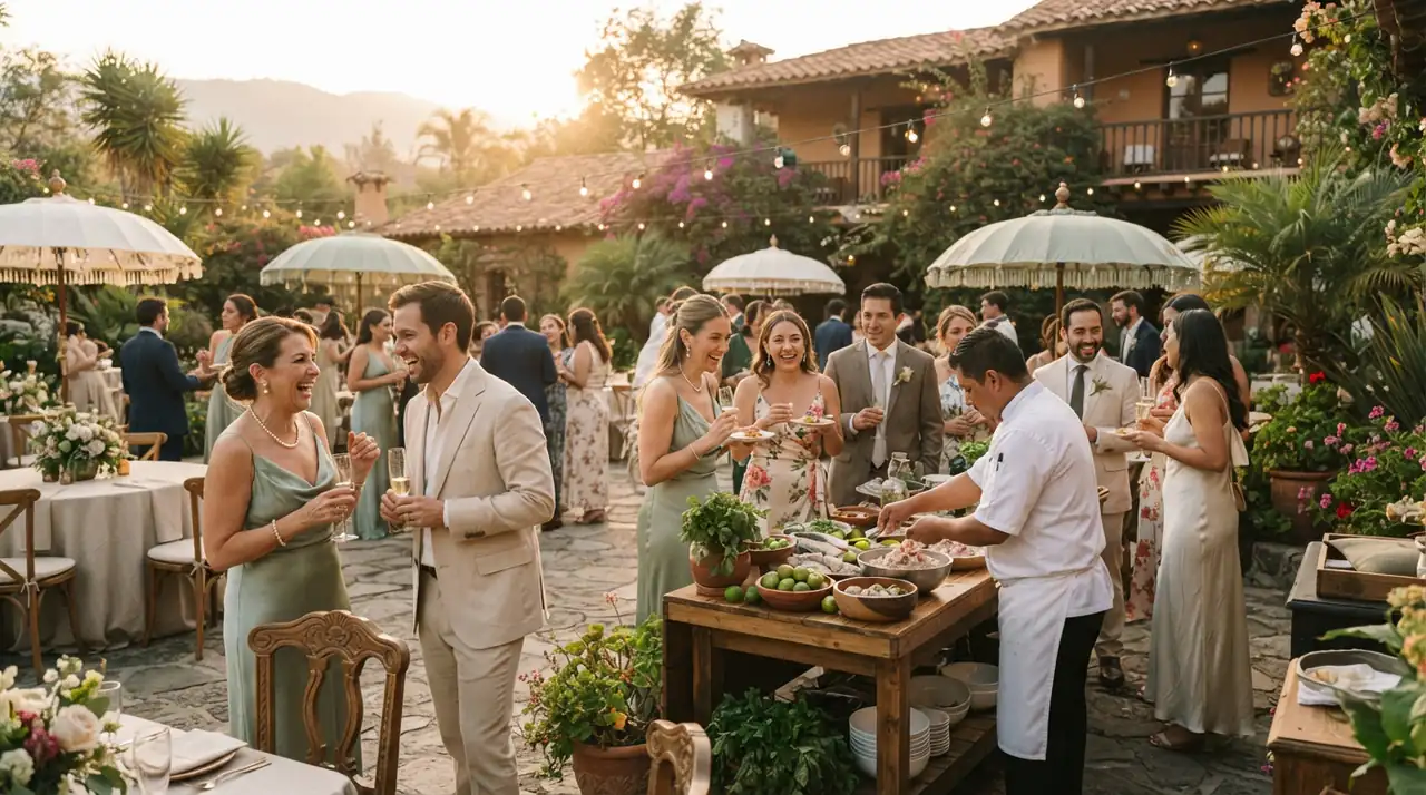 Cóctel de boda al aire libre con invitados entretenidos