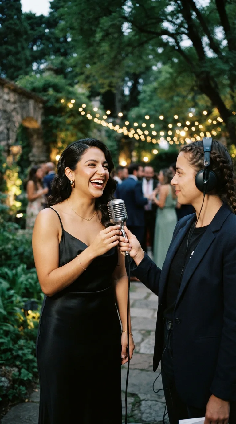 Invitada respondiendo una entrevista frente al micrófono en la recepción de una boda