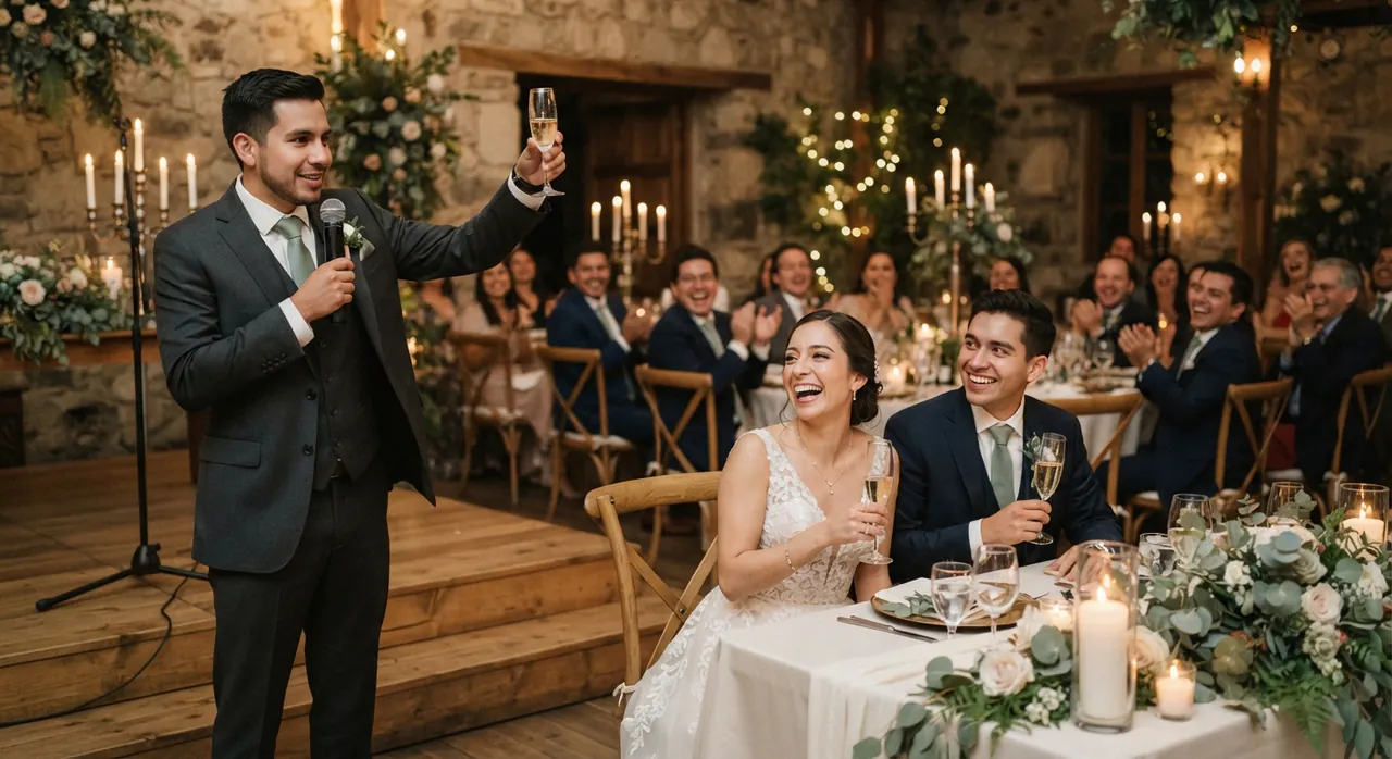 Padrino dando su discurso de boda con micrófono