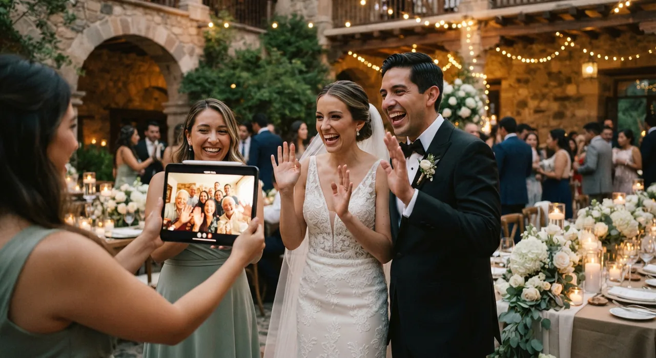 Novios saludando por videollamada a sus familiares en el extranjero durante la boda