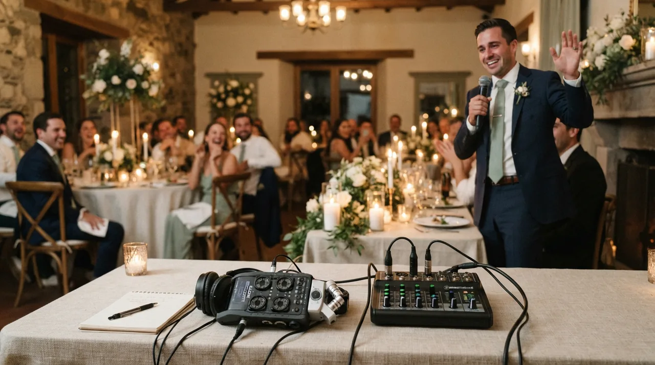 Padrino dando un discurso con micrófono mientras se graba en una consola de audio
