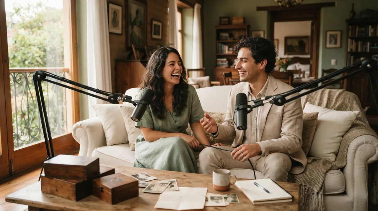 Pareja grabando su historia de amor con micrófonos en la sala de su casa