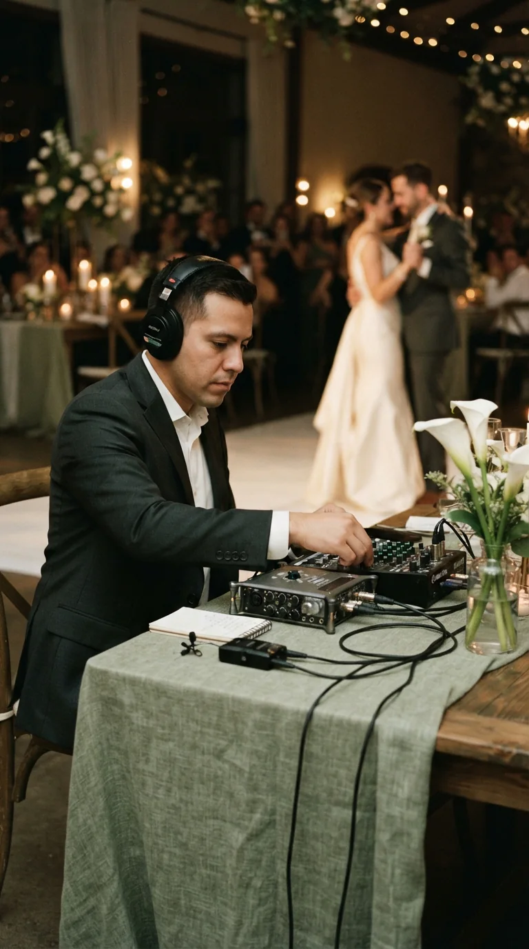 Ingeniero de audio con audífonos controlando la mesa de sonido durante una boda