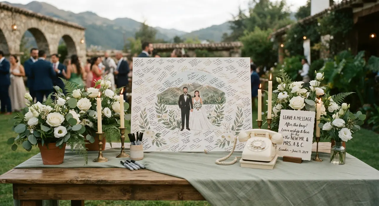Libro de firmas original con cuadro y teléfono de audio en una boda