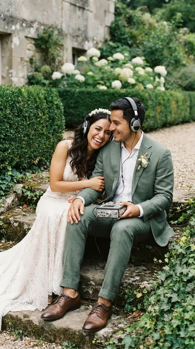 Novios sonriendo mientras escuchan la grabación de su boda con audífonos