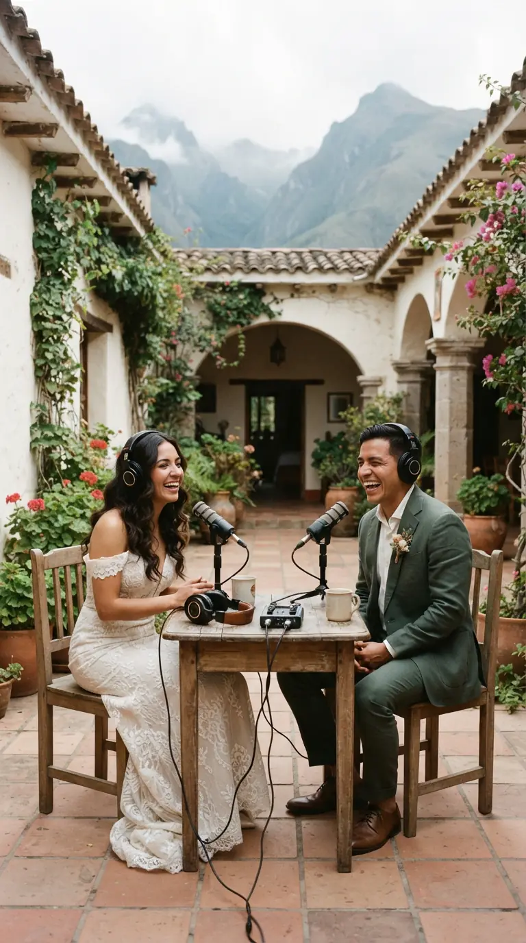 Novios grabando su podcast con micrófonos en el patio de una hacienda
