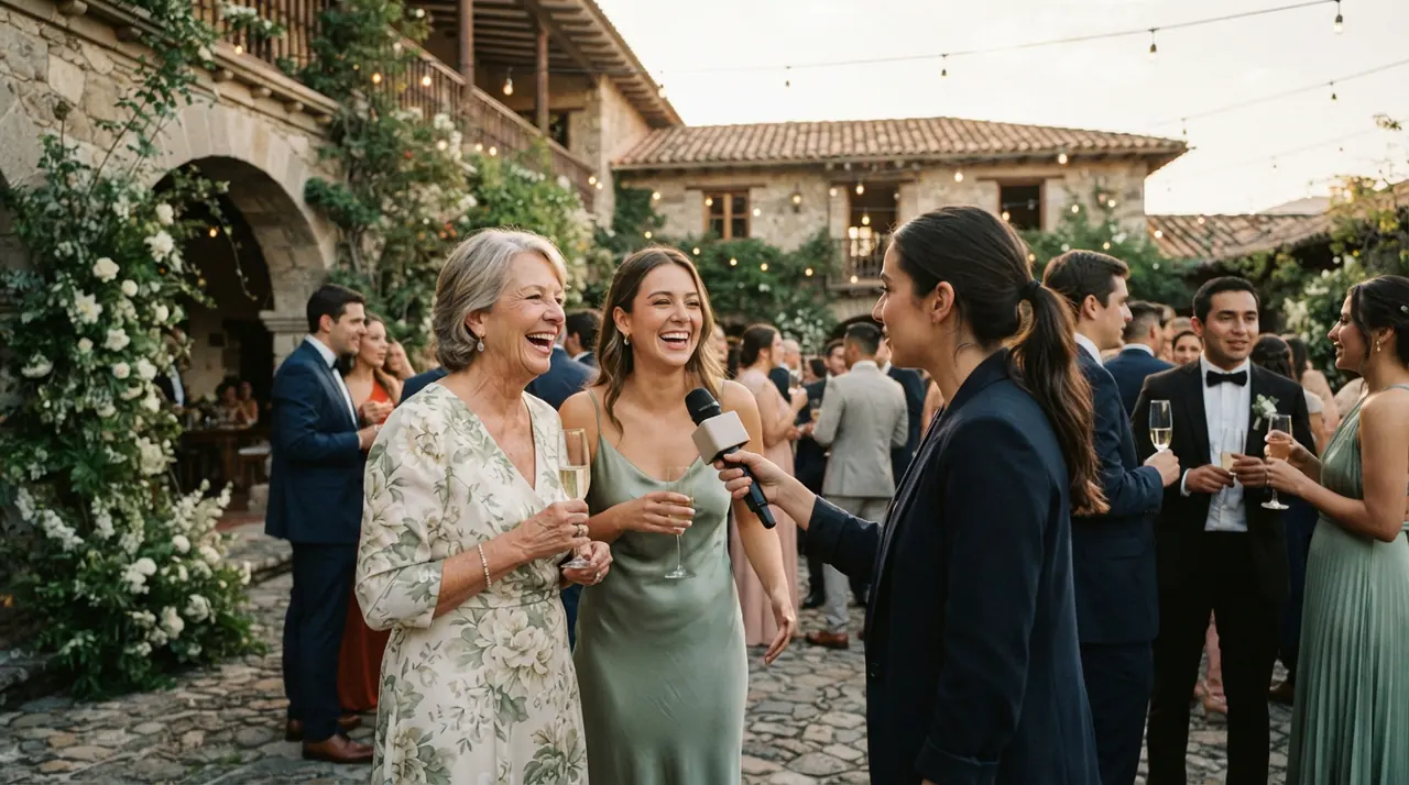 Productora entrevistando con un micrófono a una invitada durante la recepción de una boda