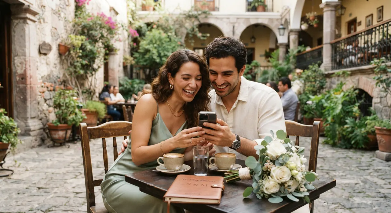 Novios resolviendo sus dudas sobre el podcast de boda