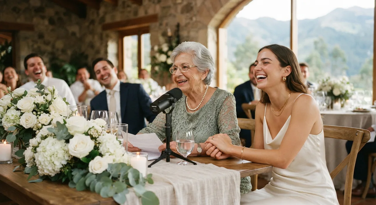 Abuela respondiendo la entrevista del podcast junto a la novia en la mesa de la recepción