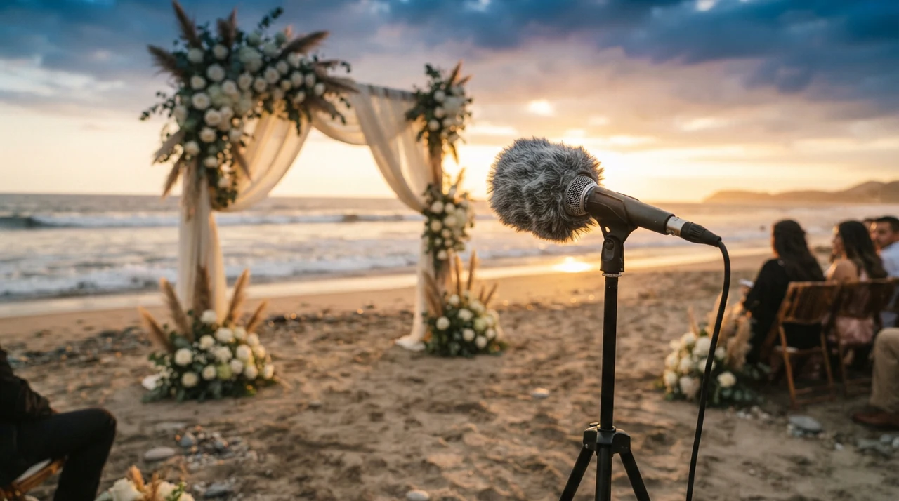 Micrófono con protector de viento frente al altar de una boda en la playa al atardecer